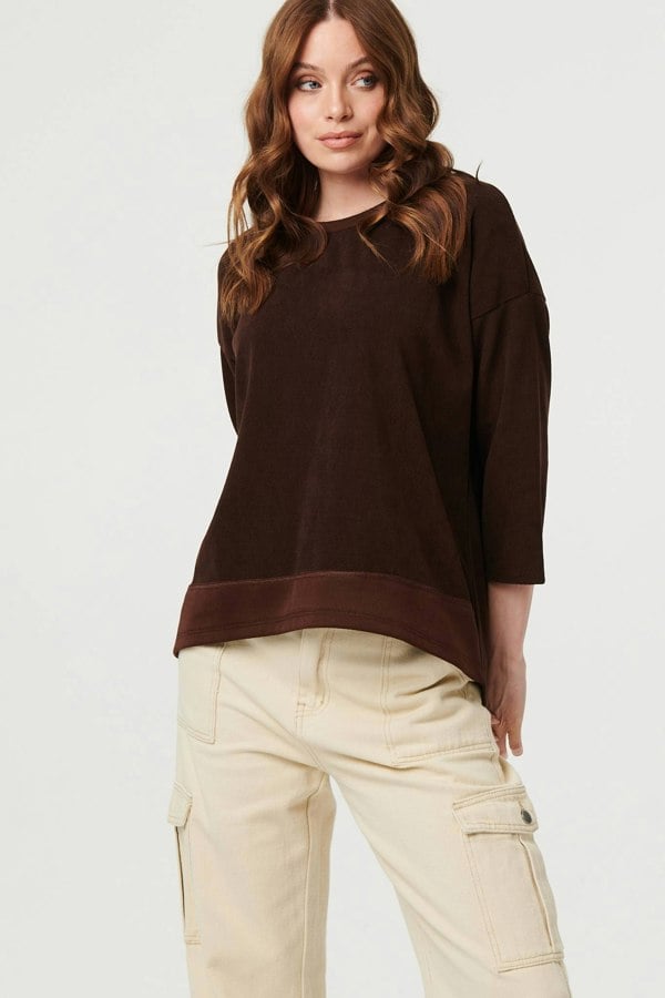Brown | Contrast Hem Relaxed 3/4 Sleeve Jumper
