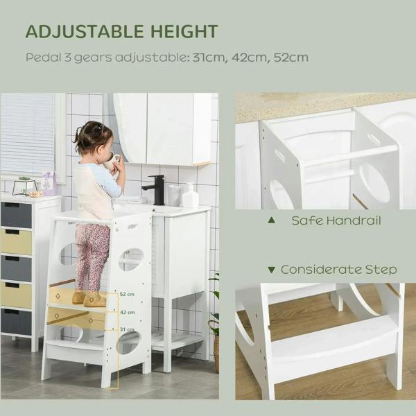 White adjustable toddler step stool tower with safety handrail and height settings