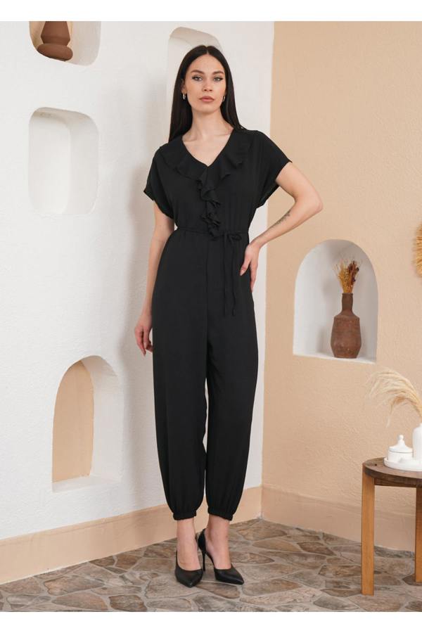 Hoxton Gal Oversized Short Sleeves Frilled Front Jumpsuit in Black