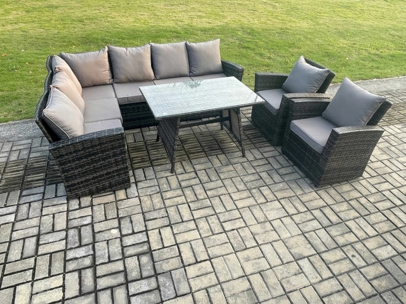 Fimous High Back Outdoor Garden Furniture Set Rattan Corner Sofa Dining Table Set With 2 Armchair 8 Seater Dark Grey Mixed