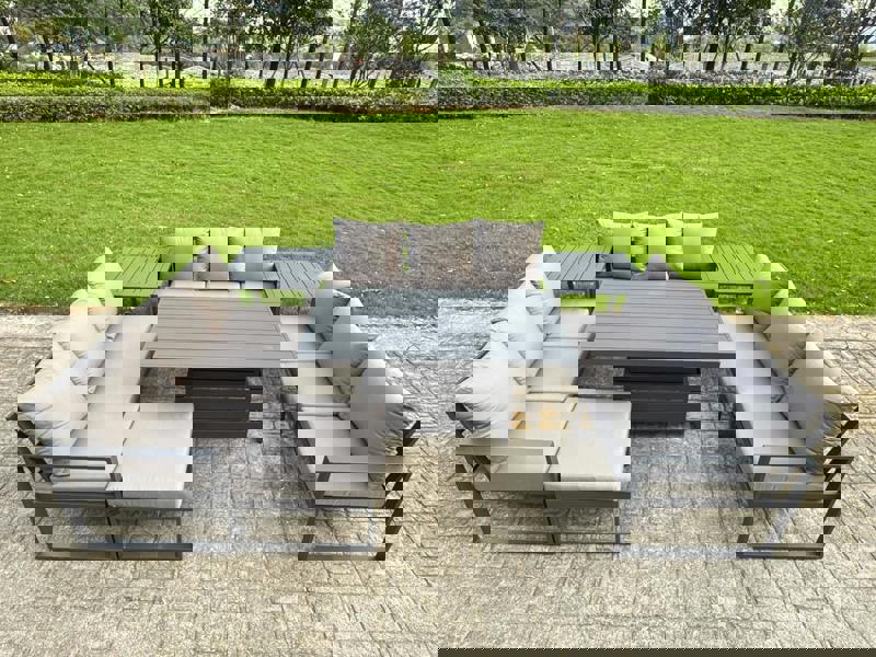 Fimous 10 Seater Aluminium Outdoor Garden Furniture Set with Adjustable Rising Dining Table, 3 Sofas, 2 Side Tables & Footstool - Grey