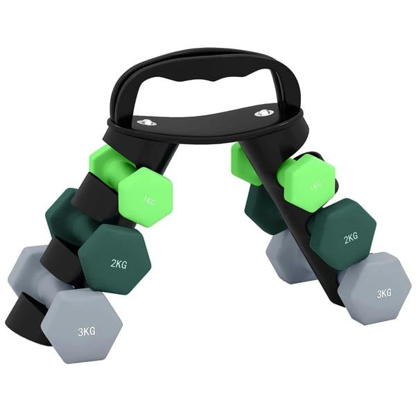 Hex weight dumbbells set with green 1kg, 2kg, 3kg blocks and black handles