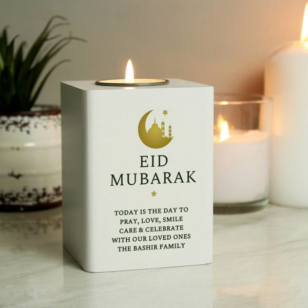 Personalised Memento Company Personalised Eid and Ramadan White Wooden Tea light Holder