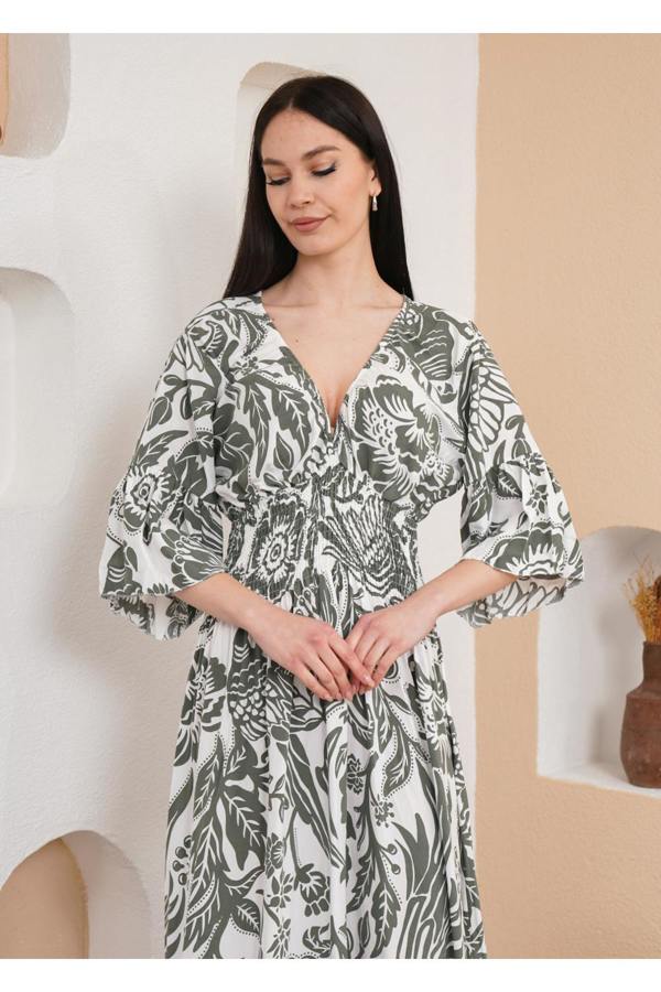 Hoxton Gal Oversized V Neck Shirred Waist Floral Print Maxi Dress in Khaki