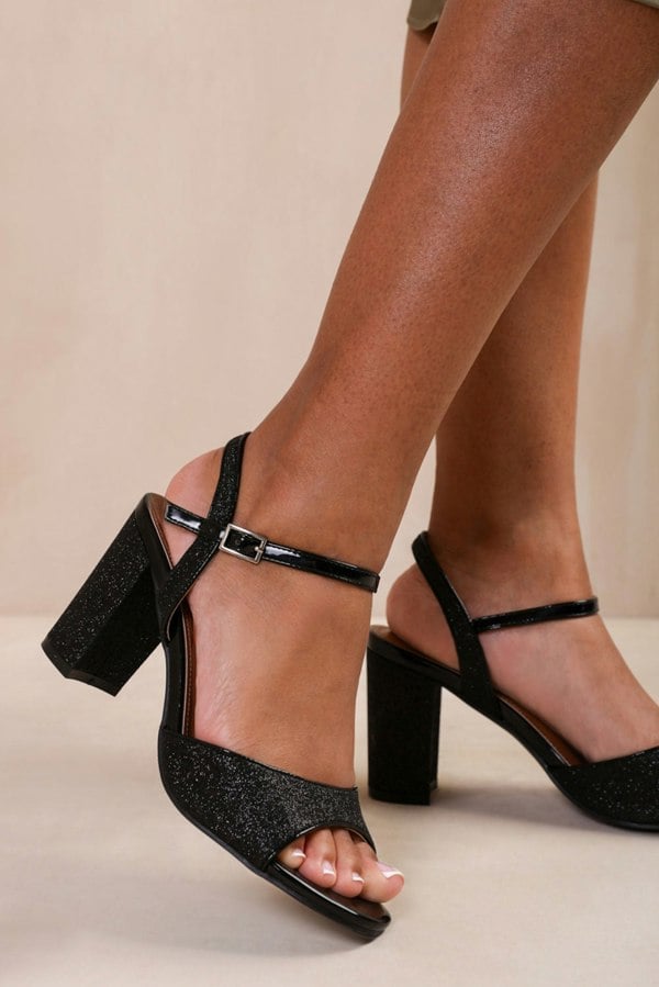 Where's That From Florence Wide Fit Mid High Heels With Ankle Strap in Black Glitter