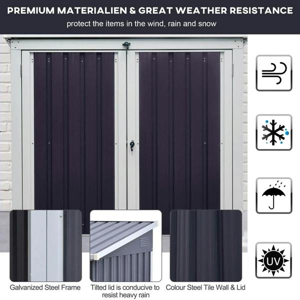 Black two-bin corrugated steel storage shelter with double doors and ventilated frame