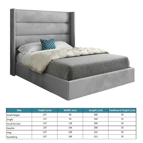 Casa Magna Nuno Straight Winged Upholstered Soft Velvet Bed Frame - Grey