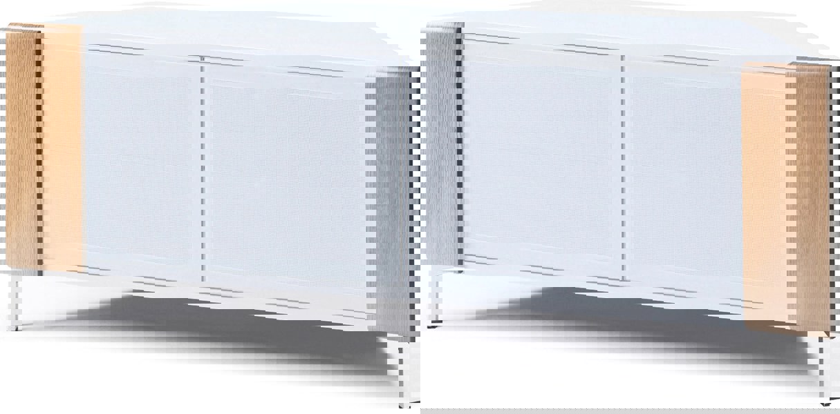 MDA Designs CORVUS Corner-Friendly Gloss White Contemporary Cabinet with Oak Profiles White BeamThru Glass Doors for Flat Screen TVs up to 50"