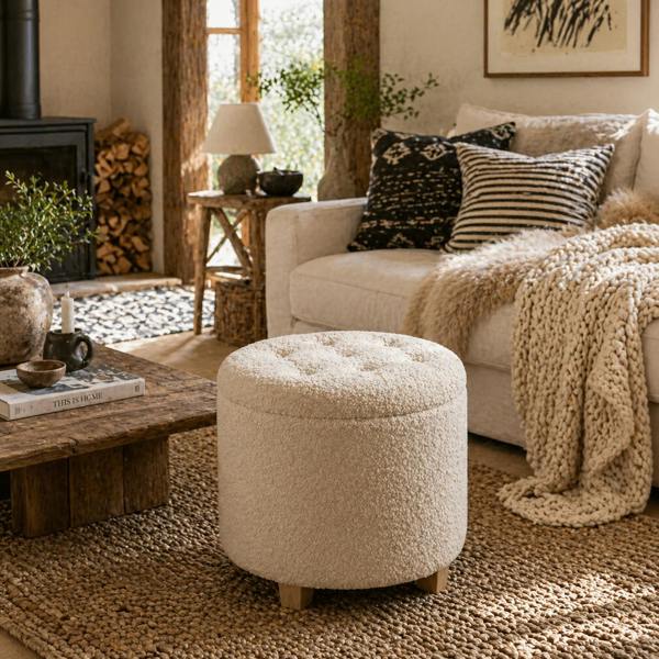 Wyld Haus Fimi Boucle Cream White Storage Ottoman Diamond Tufted Lid Teddy Fleece