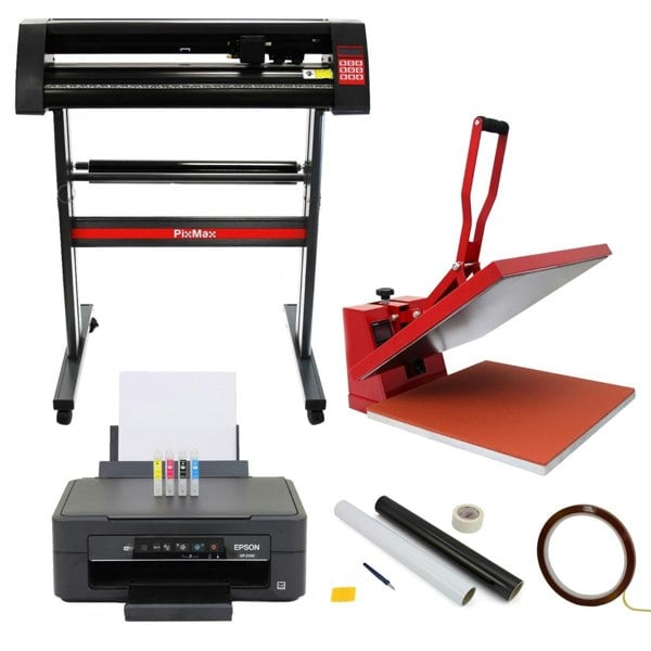 Vinyl cutter, 50x50 heat press, and value printer bundle with vibrant colors, sleek design, and essential accessories for sign making