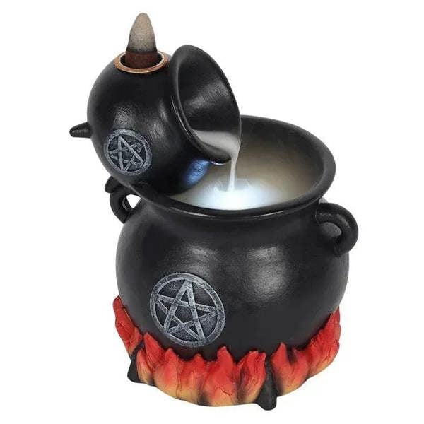 Black cauldron backflow incense holder with pentagram lid and red flame trim