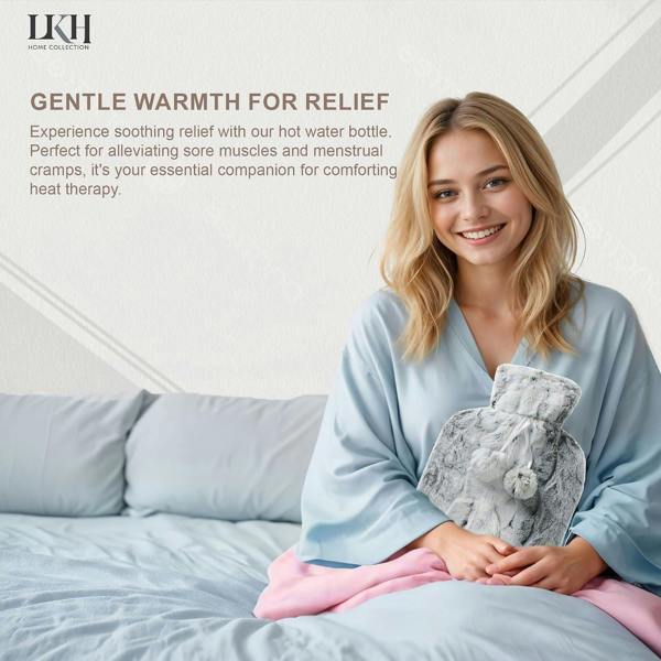 LKH HOME COLLECTION Hot Water Bottle with Cover UK 2L with Faux Fur Pom Poms For Period Pain Relief Leak Resistant BPA Free Hot Bottle