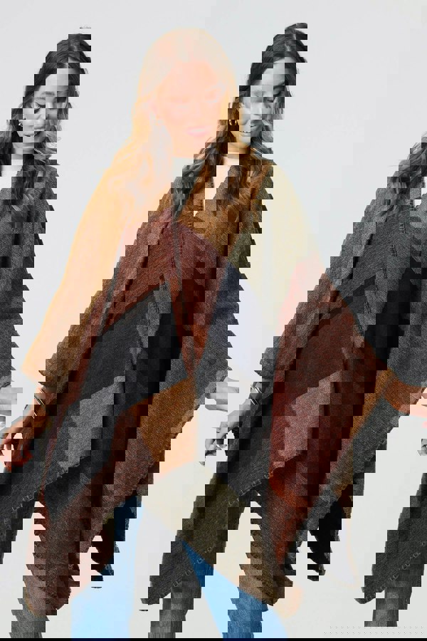 Brown | Colour Block 3/4 Sleeve Relaxed Poncho
