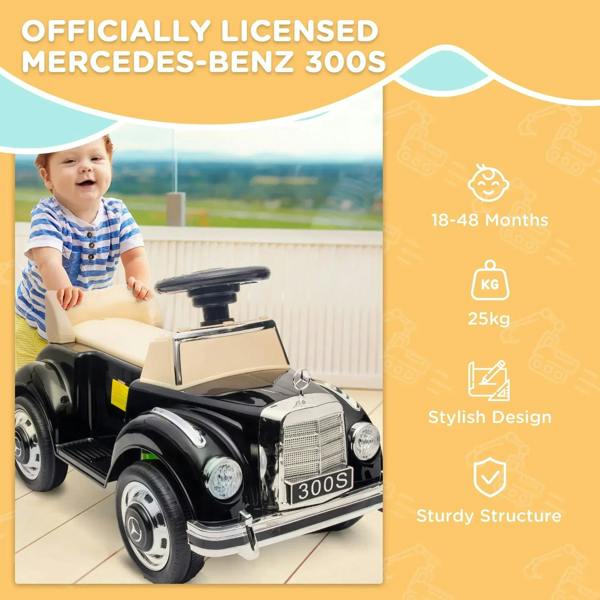 Child on officially licensed Mercedes-Benz 300S ride-on car with beige seat