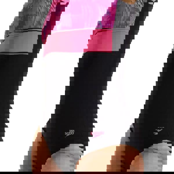 Black Speedo shaping contour eclipse printed swimsuit with pink accents