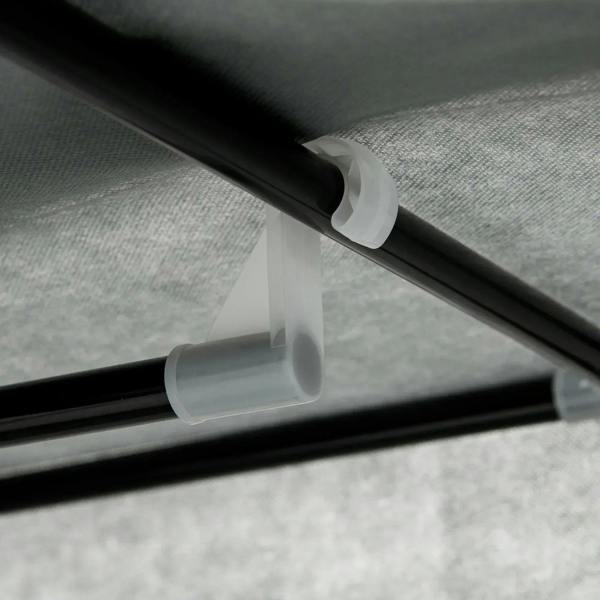 Dark grey fabric wardrobe frame joint with white connector caps and support bars