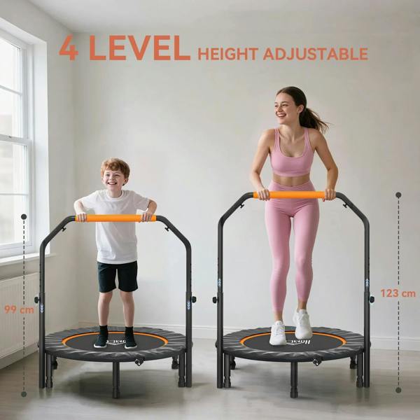 Height-adjustable mini trampoline with orange foam handles; child and adult using it