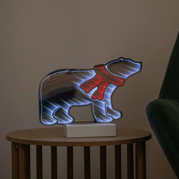 Samuel Alexander 27cm Polar Bear Infinity Mirror Light Up Decoration with Red & White LEDs