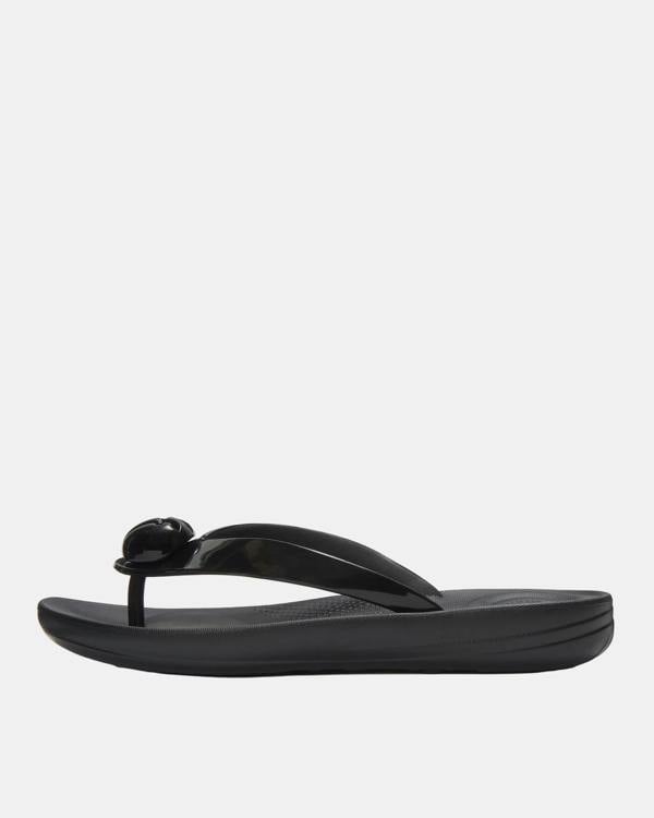 FitFlop Womens IQUSHION Glossy-Button Flip-Flops - Black 001