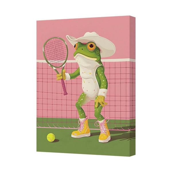 Benjamin Tate Design Pastel Pink Backdrop Frog Tennis Player Canvas Art Print In Deep Wooden Frame