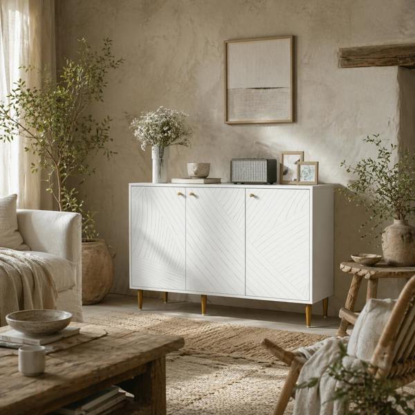 Wyld Haus Rasuno Ledi White And Gold Tone 2 Cupboard with Scandi Line Pattern