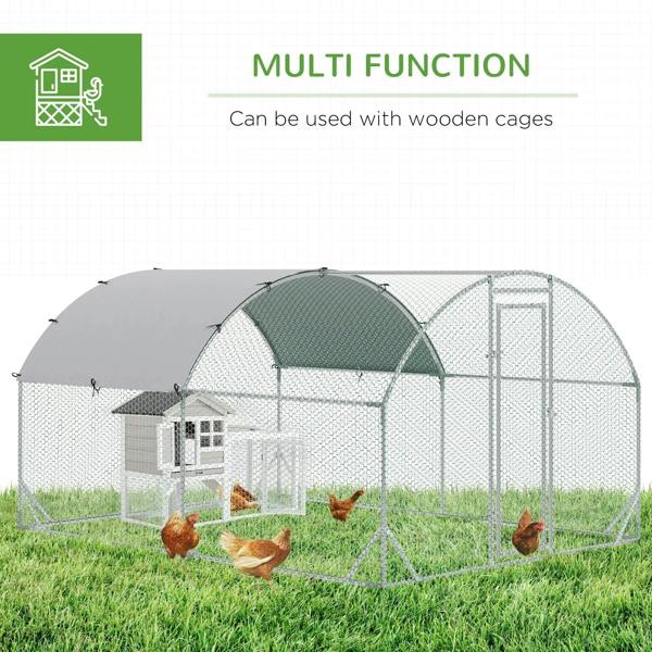 Chicken run coop with mesh walls, green arched fabric canopy roof, and front door