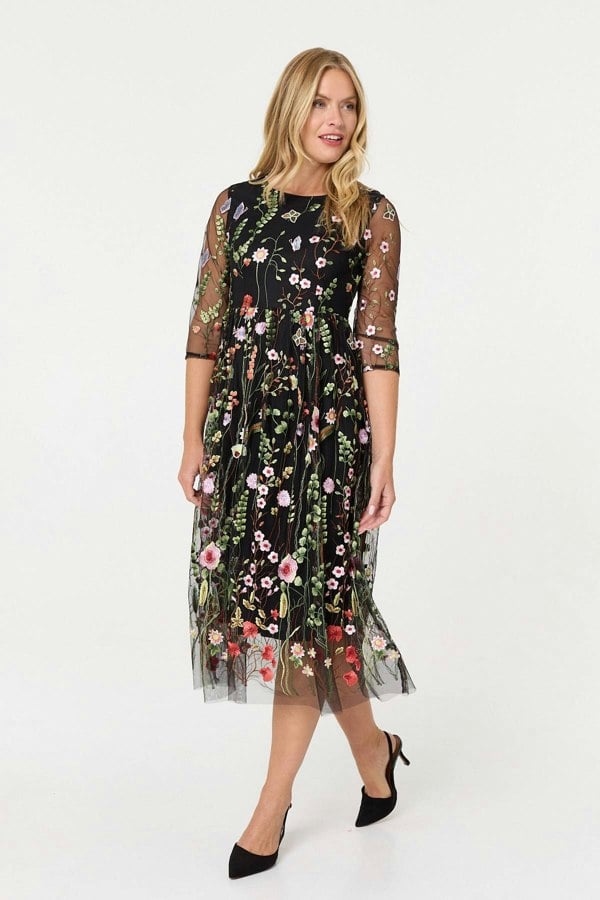 Black | Floral Embroidered Mesh Midi Dress
