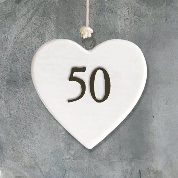 Mini Porcelain Hanging Heart – “50” Birthday Keepsake Elegant Milestone Gift