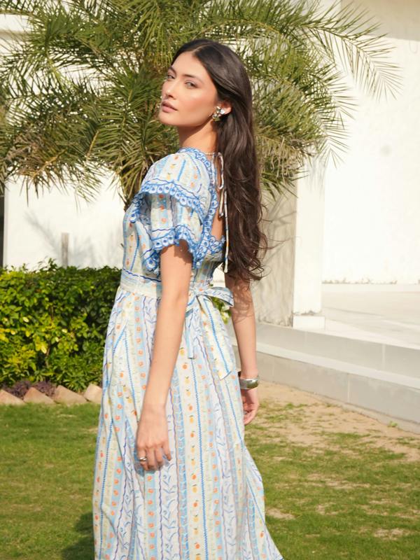 Rose & Nancy Bella Blue and White Ditsy Print Embroidered Midi Dress