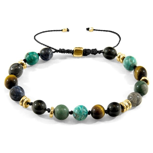 Anchor & Crew Multicoloured Multi-Gem Agaya 9ct Yellow Gold and Stone Beaded Macrame Bracelet