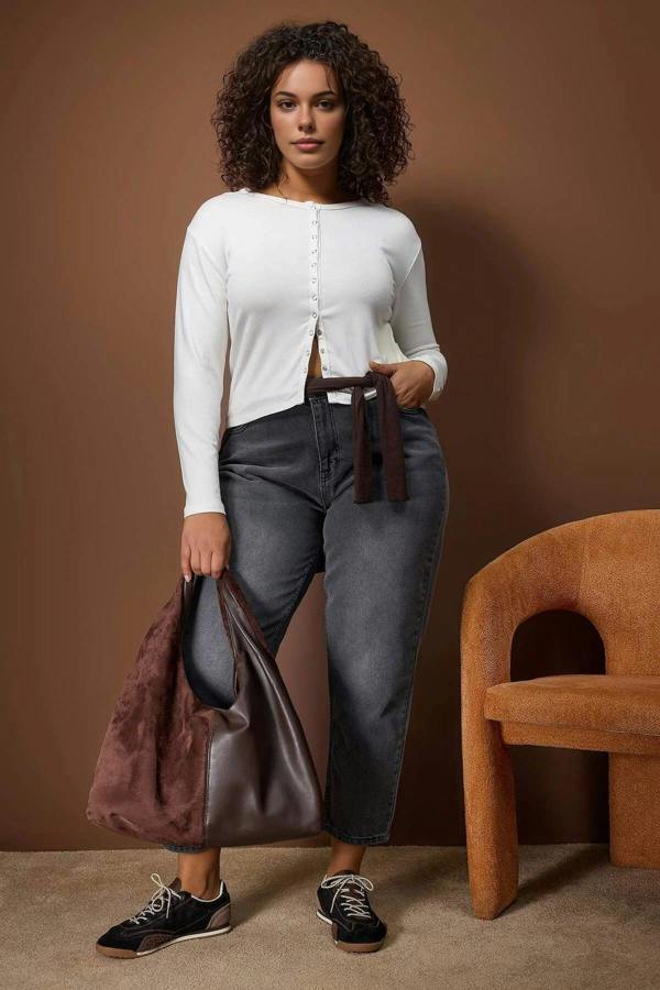 WOVCOR Snap Button Crop Length Basic Knitted Plus Size Blouse