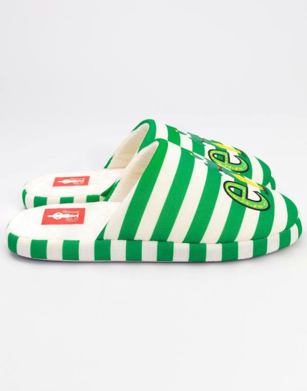 Elf Womens Green Striped With Logo Placement Print Mule Slippers