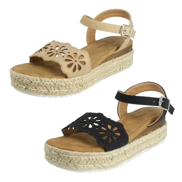 Savannah Ladies Mid Espadrille Wedge Ankle Strap Sandals F12096