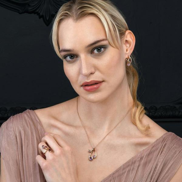 namana Rose Gold Vermeil Floral Stud Earrings with Natural Rhodolite, Amethyst and Garnet Gemstones