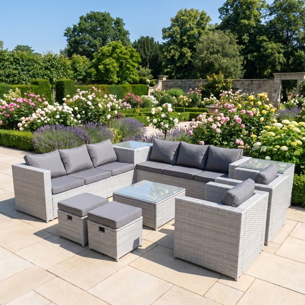 Fimous 10 Seater Rattan Garden Furniture Set with 2 Sofas, 2 Armchairs, Square Coffee Table, 2 Footstools & 2 Side Tables - Light Grey Mixed