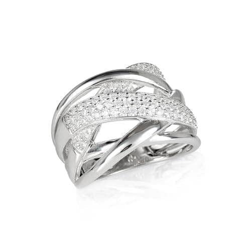 namana 925 Sterling Silver Wide Criss Cross Ring for Women with Cubic Zirconia Stones