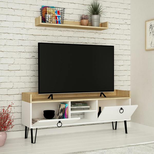 Decortie Keday Modern TV Unit Multimedia Centre Oak with Wall Shelf Unit 140cm