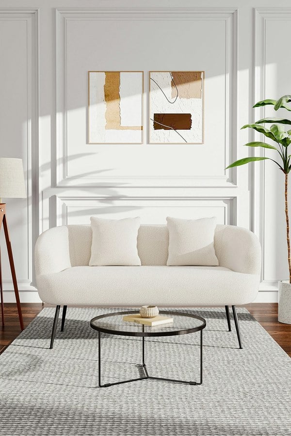 Living and Home Modern Teddy Fur Metal Legs Loveseat with Two Cushions