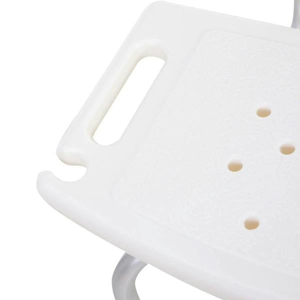 White shower stool seat close-up with handle cutout and anti-slip drainage holes.