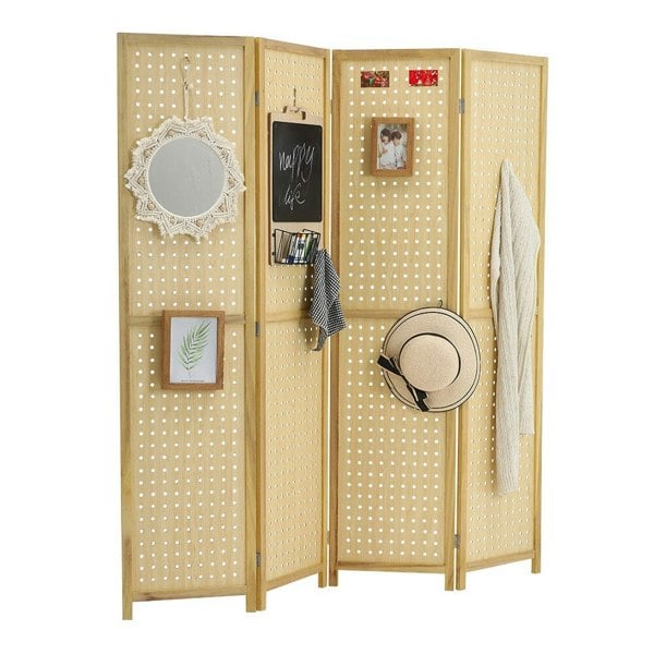 Natural Wood Round-Hole Screen with Four Panels in Paulownia Wood Living and Home