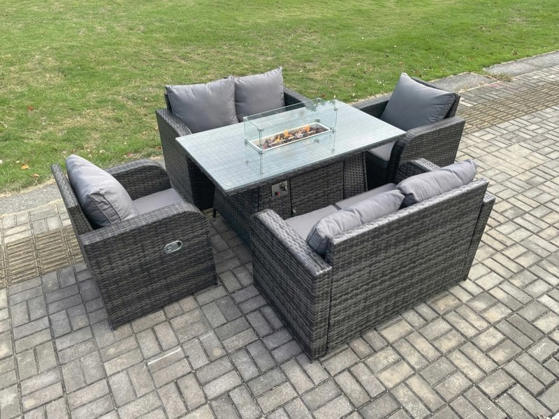 Fimous Rattan Outdoor Garden Furniture Sofa Set Gas Fire Pit Dining Table Gas Heater with Love Sofa Recling Chair 6 Seater Dark Grey Mixed