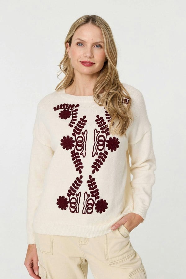 Cream | Embroidered Print Drop Shoulder Jumper : Model is 5'10"/178 cm and wears UK10/EU38/US6/AUS10