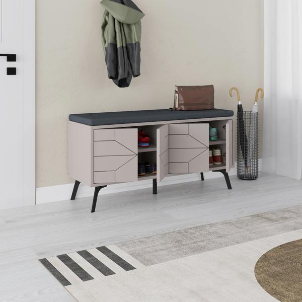 Decortie Modern Dune Shoe Storage Bench with Fabric Seat 4 Doors Cabinet 107(W)cm Metal Legs Organizer Hallway