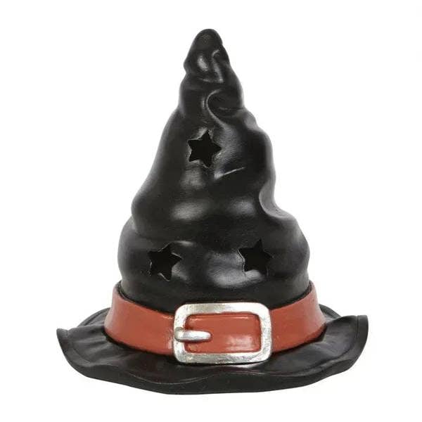 Black witch hat incense burner with red band, silver buckle, and star-shaped cutouts