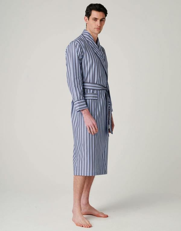 British Boxers Men's Crisp Cotton Dressing Gown – Navy Spark Stripe