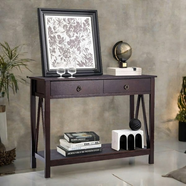 Rafaelo Mobilia Industrial Narrow Console Table With 2 Drawers Walnut Brown