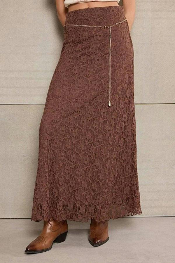 WOVCOR A-Line Belted Regular Waist Maxi Lace Knit Skirt