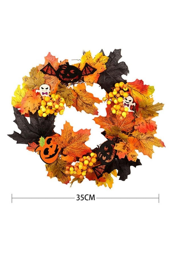 Living and Home 35cm Artificial Fall Wreath for Front Door Maple Leaf Berry Halloween Theme Wreath with Light