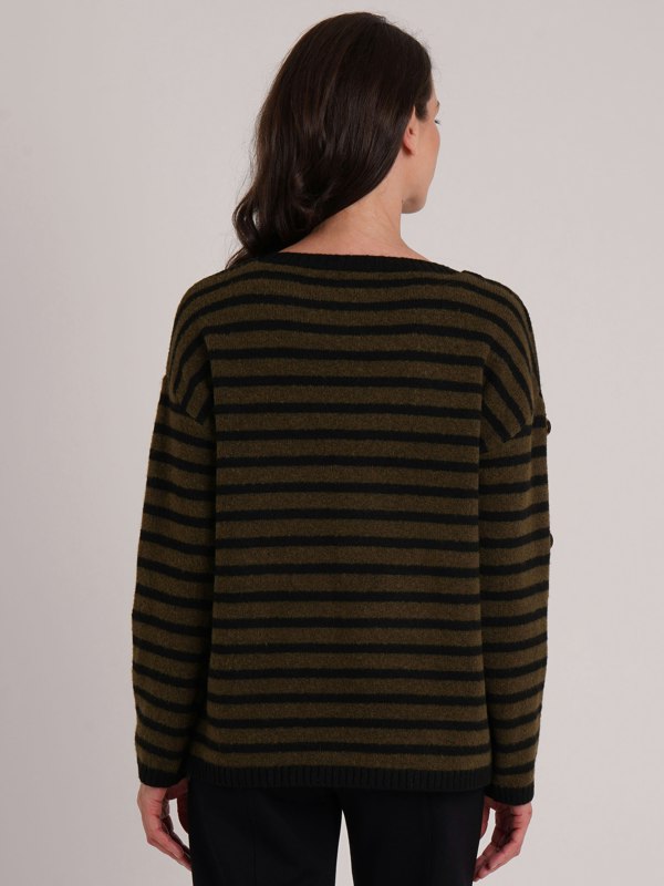 VIZ-A-VIZ Stripe Button Arm Crew Neck Jumper