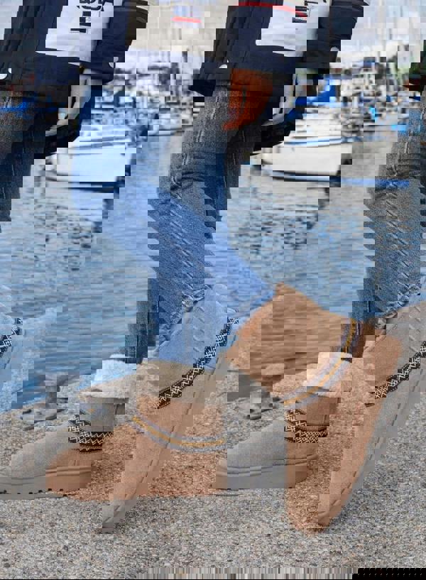 Trendy Trotters Women’s Camel Suede Faux Fur Lined Ankle Boots - Complete With Aztec Trim